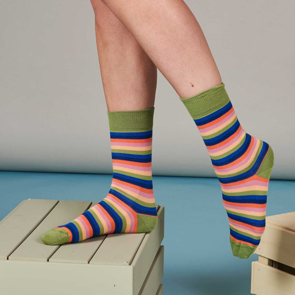 Ladies Soft Green Multi Stripe Organic Cotton Ankle Socks