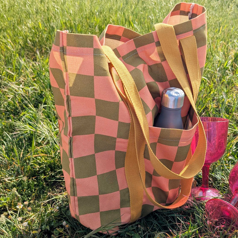 Peach Check Fabric Tote Shopper Bag