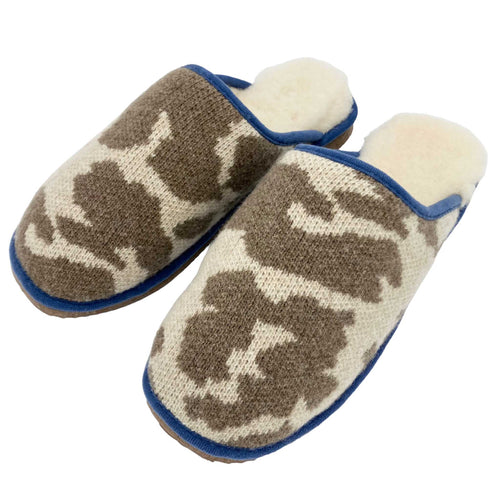 Pure Sheepskin Mule Slippers - Knitted Lambswool Brown Cowskin  Pattern