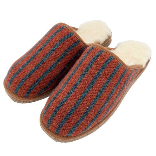 Pure Sheepskin Mule Slippers - Knitted Lambswool Terracotta Pinstripe