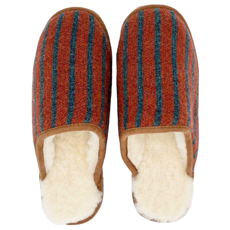 cosy sheepskin lined knitted slippers with a terracotta pinstripe upper
