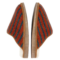 cosy sheepskin lined knitted slippers with a terracotta pinstripe upper