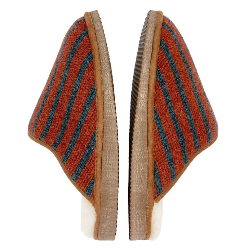 cosy sheepskin lined knitted slippers with a terracotta pinstripe upper