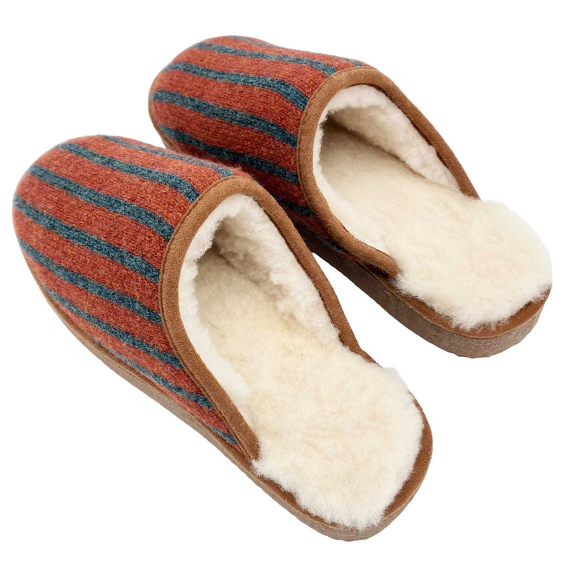 cosy sheepskin lined knitted slippers with a terracotta pinstripe upper