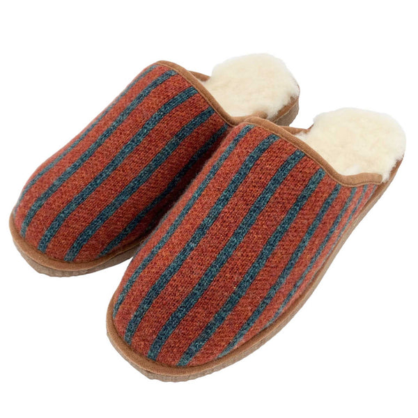 cosy sheepskin lined knitted slippers with a terracotta pinstripe upper