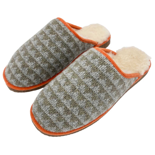 Pure Sheepskin Mule Slippers - Knitted Lambswool  Green Triangle Pattern
