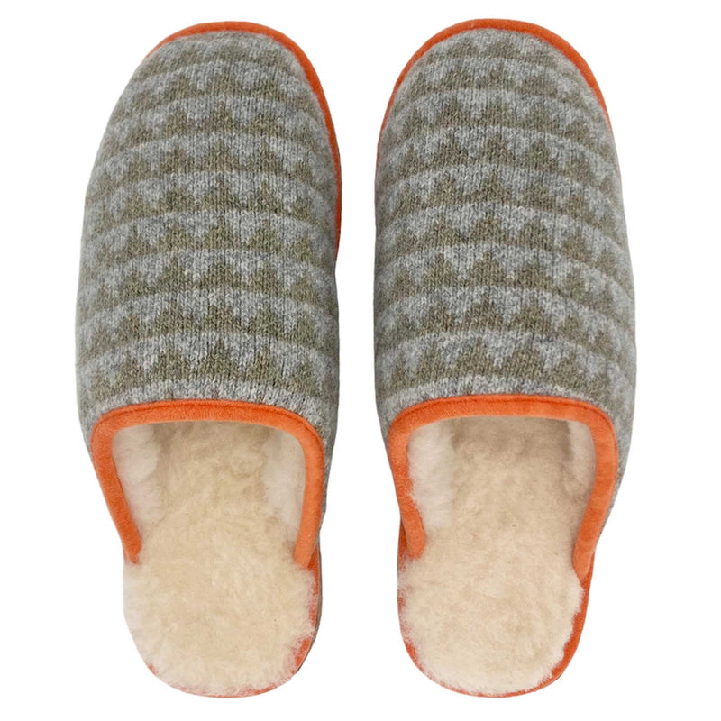 cosy sheepskin lined slippers with a green triangle pattern upper