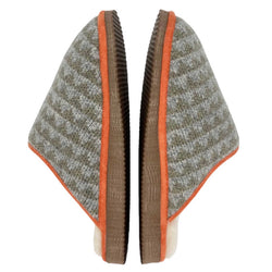 cosy sheepskin lined slippers with a green triangle pattern upper