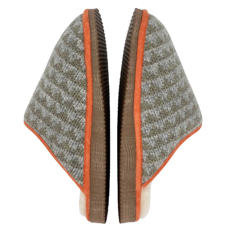 cosy sheepskin lined slippers with a green triangle pattern upper