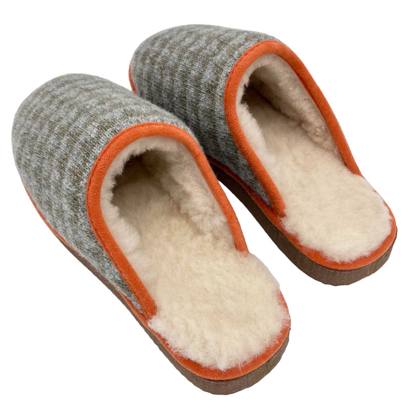 cosy sheepskin lined slippers with a green triangle pattern upper