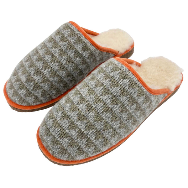 cosy sheepskin lined slippers with a green triangle pattern upper