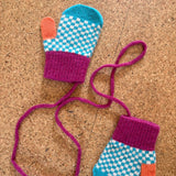 Kids' Lambswool Mittens on a String - Green & Peach Check