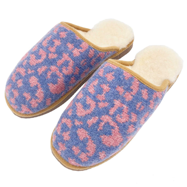 cosy knitted sheepskin slippers with blue and pink leopard print
