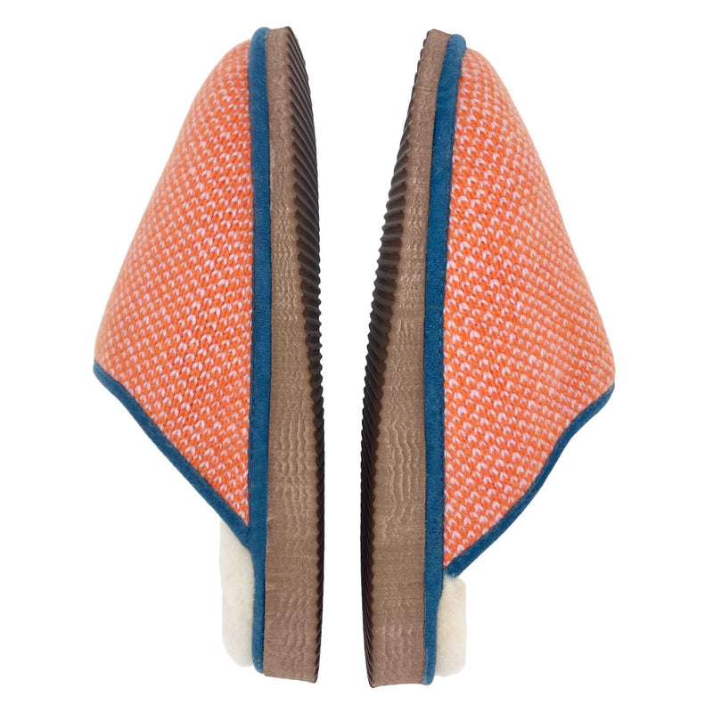 cosy sheepskin lines slippers with an orange and pink wool upper