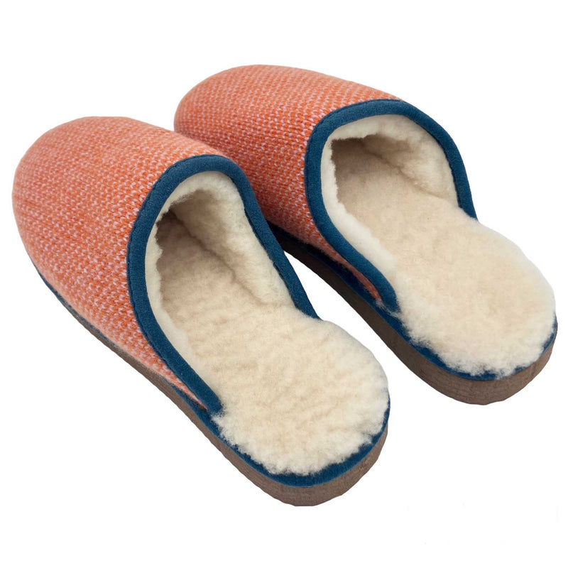 cosy sheepskin lines slippers with an orange and pink wool upper