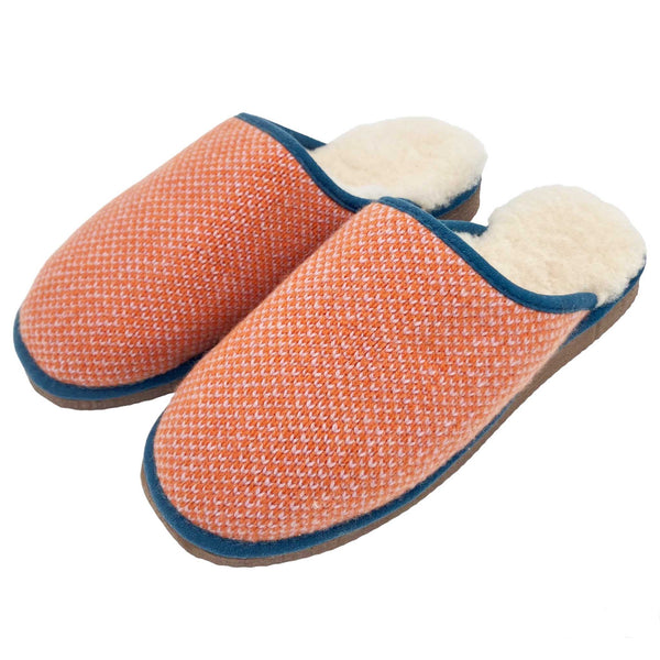 cosy sheepskin lines slippers with an orange and pink wool upper