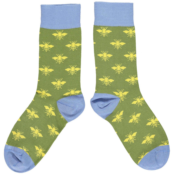 Ladies Moss Green & Blue Bee Organic Cotton Ankle Socks
