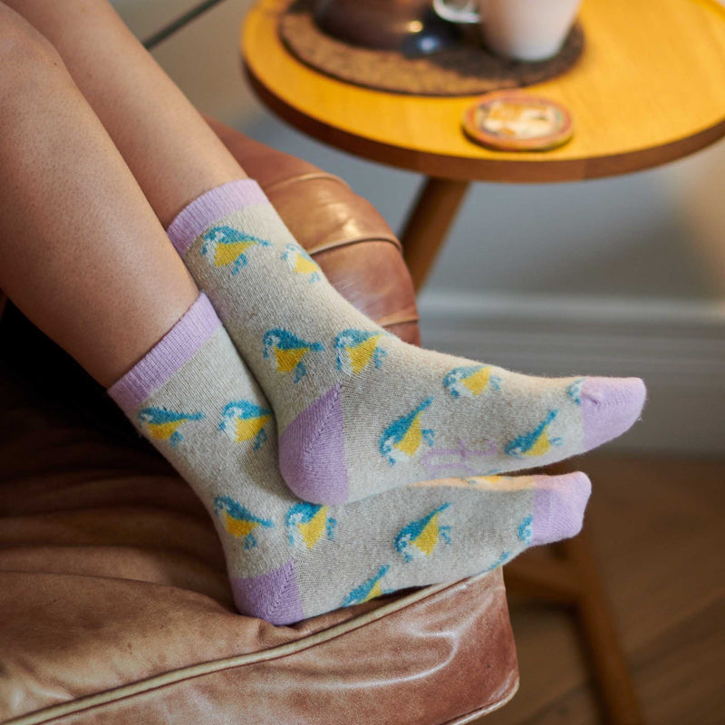 Ladies Oatmeal Blue Tit Lambswool Ankle Sock