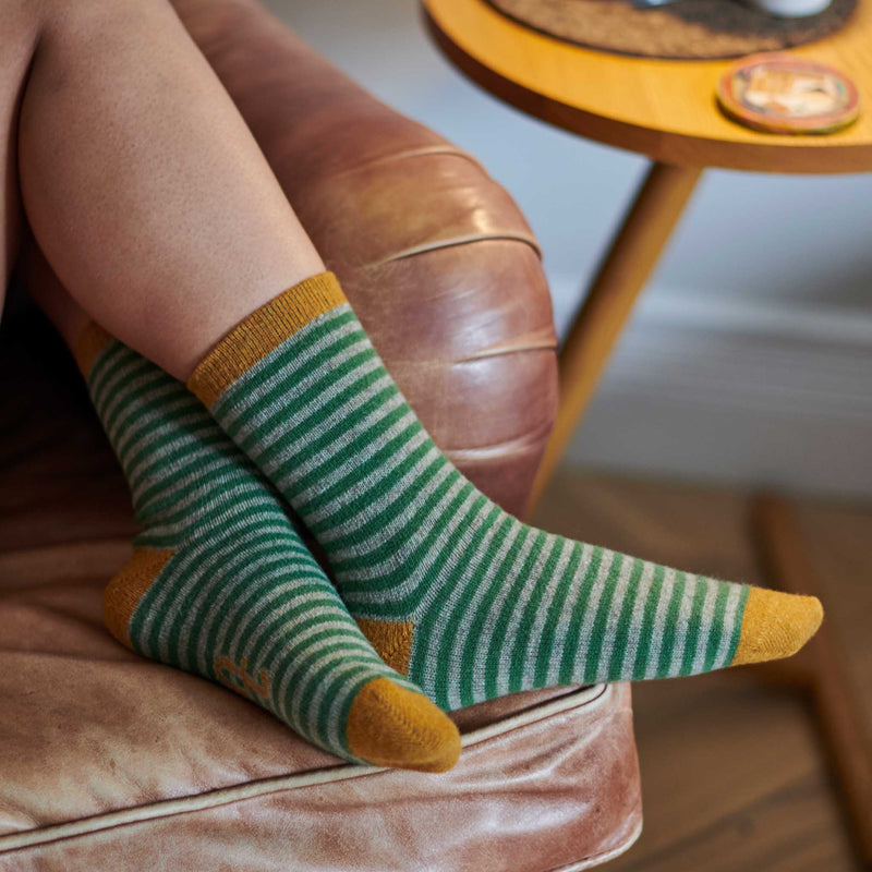 Ladies Green Stripe Lambswool Ankle Socks