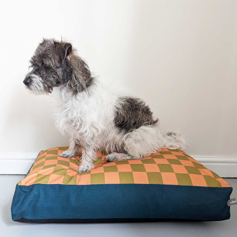 Dog Bed - Peach & Green Check Printed Cotton