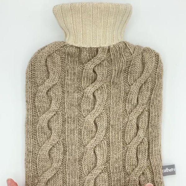 cashmere mix soft brown and oatmeal cable knit hot water bottle cover