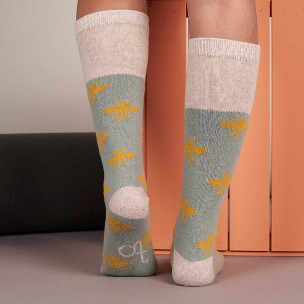 Ladies Sage & Yellow Bee Lambswool Knee Socks