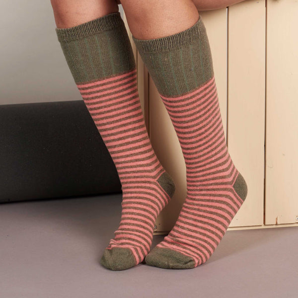 Ladies Coral & Soft Brown Stripe Lambswool Knee Socks