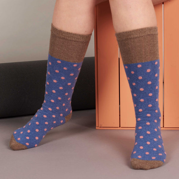Ladies Denim & Coral Small Spot Lambswool Knee Socks