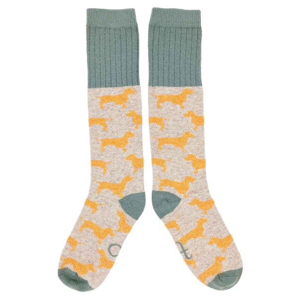 Ladies Oatmeal & Orange Sausage Dog Lambswool Knee Socks