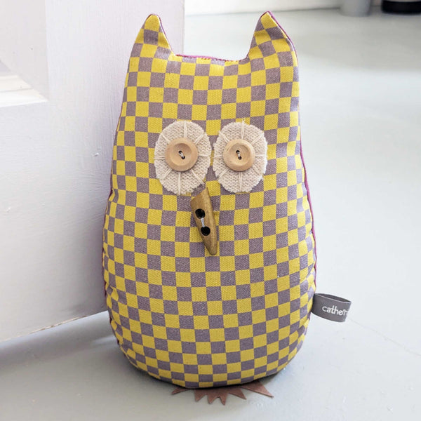 Yellow Check Owl Doorstop With Lavender