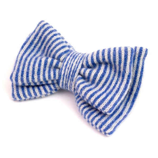 Stripy Knitted Blue Bow Brooch