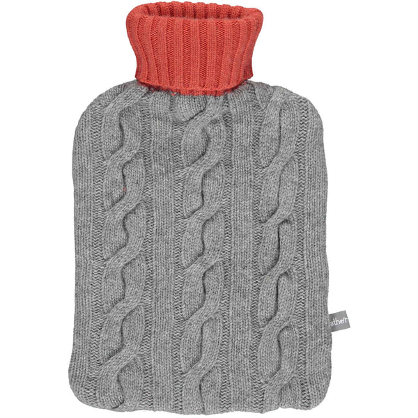 Cashmere Mix Cable Knit Hot Water Bottle Cover - Grey & Orange