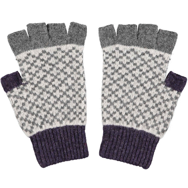 Men's Cross Pattern Grey & Purple Lambswool Fingerless Gloves
