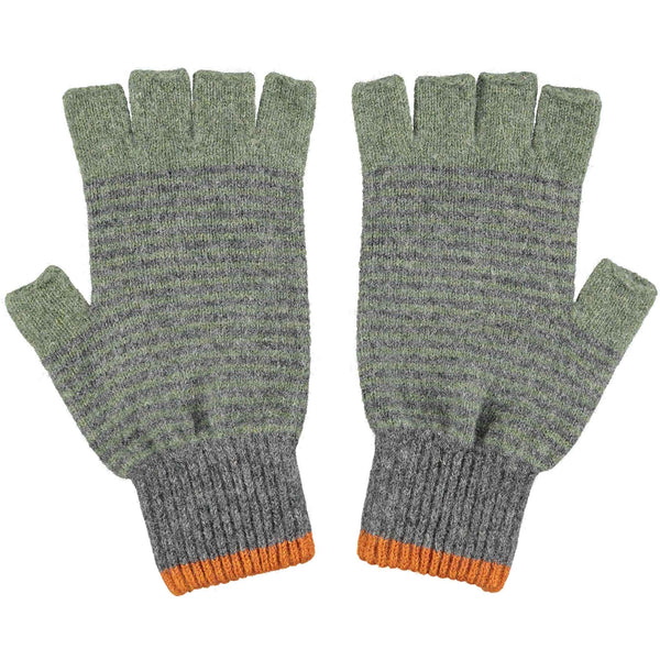 Men's Grey & Green Stripy Lambswool Fingerless Gloves