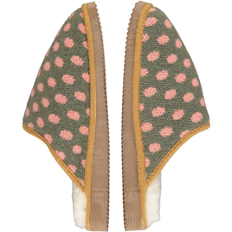 green and pink spot slippers lined with real sheepskin