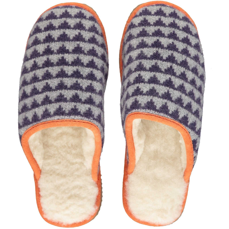 purple triangle knitted lambswool slippers with sheepskin lining.