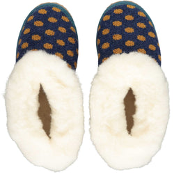 cosy sheepskin lined slipper boots with a spotty navy  lambswool upper