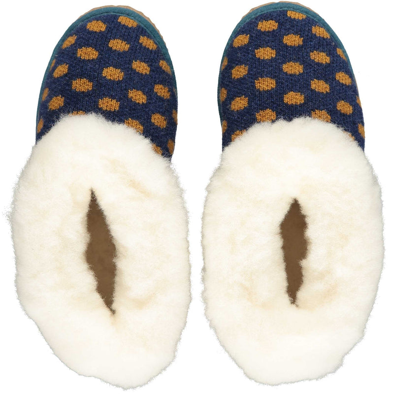 cosy sheepskin lined slipper boots with a spotty navy  lambswool upper