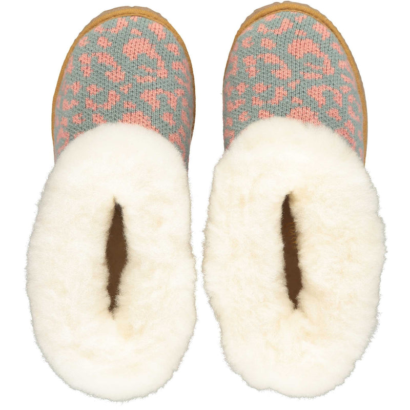 cosy sheepskin lined slippers with a sage and pink leopard  print