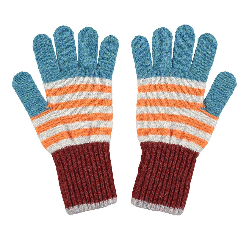 Kids Petrol Blue & Orange Stripe Lambswool Gloves