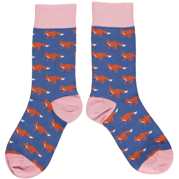 Ladies Navy & Pink Fox Organic Cotton Ankle Socks