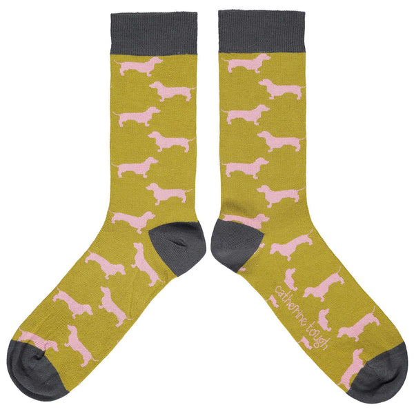 Men's Lime Green Sausage Dog Organic Cotton Ankle Socks