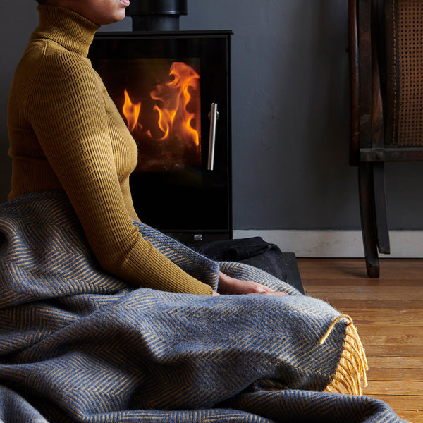 Navy & Mustard Herringbone Wool Throw