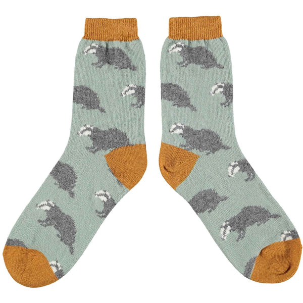 Ladies Sage Green Badger Lambswool Ankle Socks